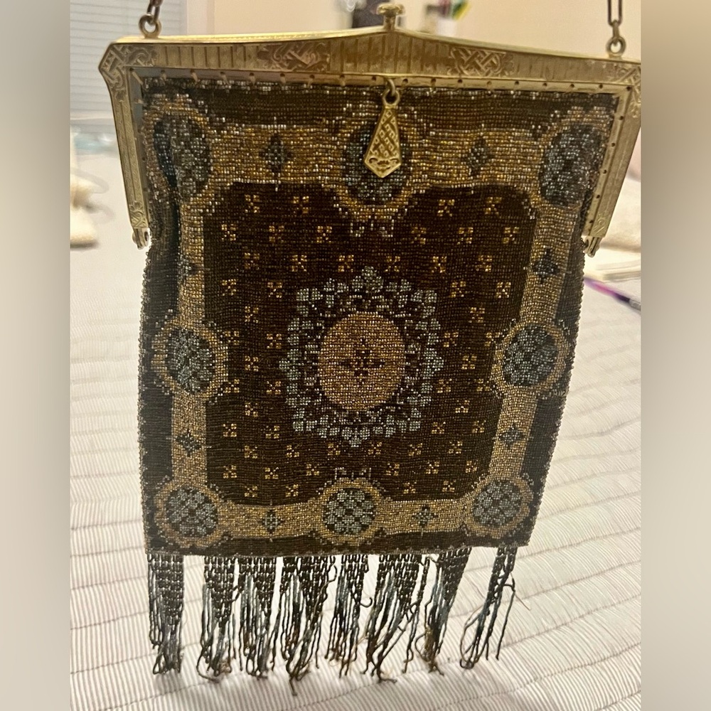Antique French Steel Cut Metallic Micro Beaded Fringed Purse Early 1900 France￼